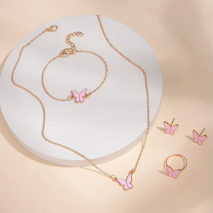 5PCS Fashion Butterfly Pendants Necklace Earrings Ring Bracelet Sets For Women Jewelry Set Bridal Wedding Jewelry Gift